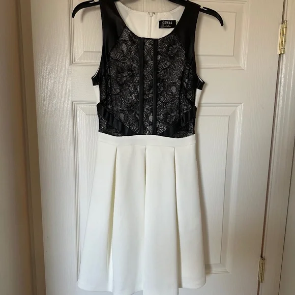 Guess | Dresses | Guess Black White Fit Flare Dress With Faux Leather Trim  Lace Insert | Poshmark